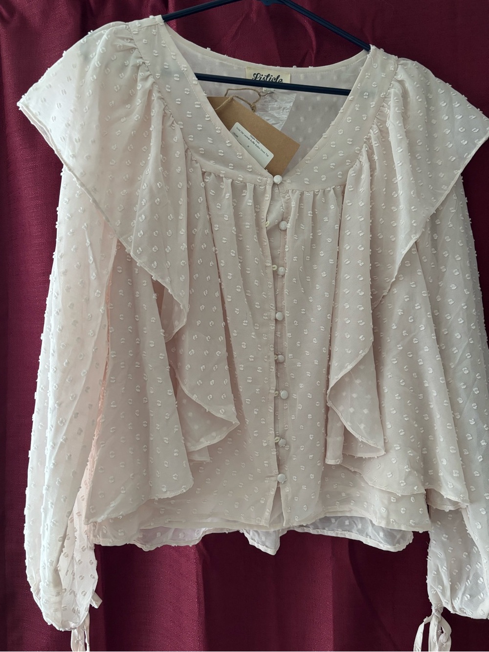 Listicle Pale Blush Swiss Dot Ruffle Blouse